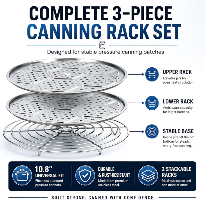Supa Ant 10.8in Canning Rack for Pressure Canner (3pcs) - Stainless Steel, Stackable & Heavy-Duty Rack with Base - Universal Fit, Compatible with Supa Ant, Presto, All American & More
