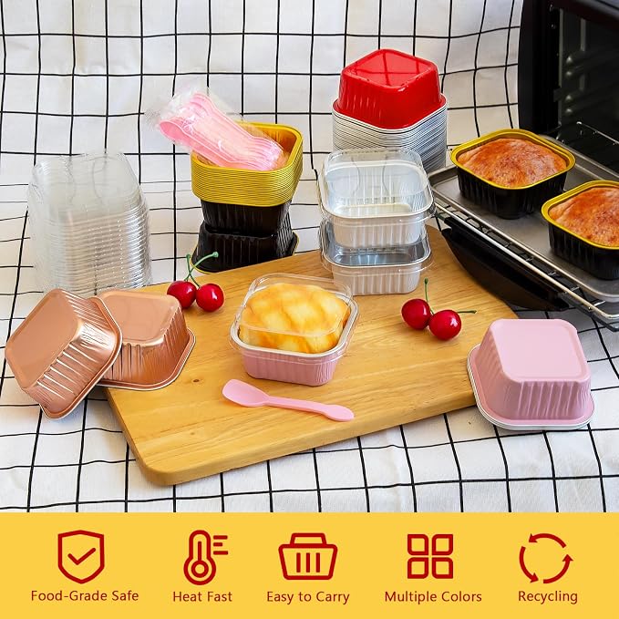 LNYZQUS 5oz Mini Cake Pans with Lids 25 Pack, Foil Baking Cups Small Muffin Tin Single Cupcake Containers, Square Individual Pan for Oven, Disposable Ramekins for Halloween Baking Gifts-Black