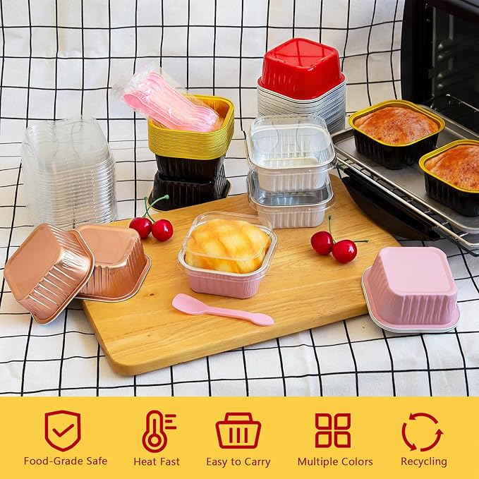 LNYZQUS Mini Cake Pans with Lids 25 Pack,10oz Small Baking Tins Foil Muffin Cups for Brownie, Individual 4” Bread Pan Disposable Cupcake Containers for Valentine Holiday Bake Sale-Pink