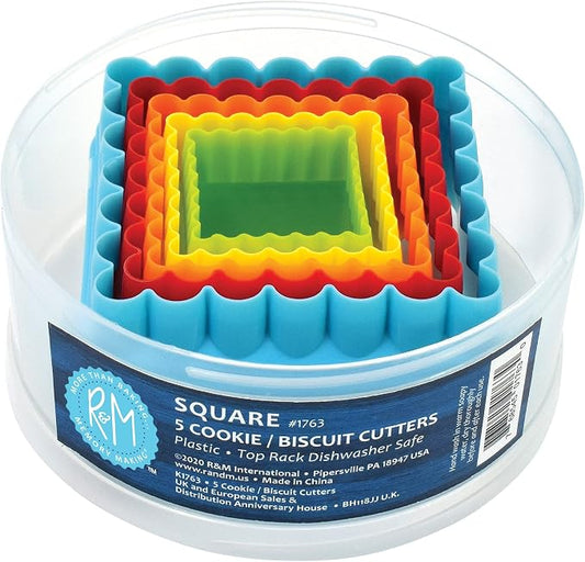 R&M International Square Cookie and Biscuit Cutters, Assorted Sizes, Bright Colors, 5-Piece Set