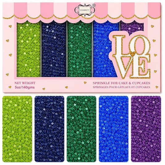Confect Sprinkles- 5 Pack Assorted Edible Sugar Crystals in Parrot Green, Green, Blue, Purple & Midnight Blue – Decorative Toppings for Cakes, Cupcakes & Cookies – Vegan, Gluten-Free, Nut-Free, Soy-Free, Dairy-Free, Palm Oil-Free, dye-Free-5 Oz