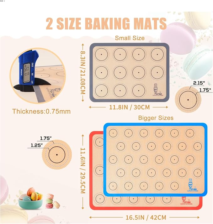 Silicone Baking Mat Macaron - Set of 3 (2 Half Sheet Liners and 1 Quarter Sheet), Non Stick Silicon Cookie Oven Liner For Macaroons, Bake Pans, Pizza, Toaster, Cake and Bread Making (Red,Blue,Gray)