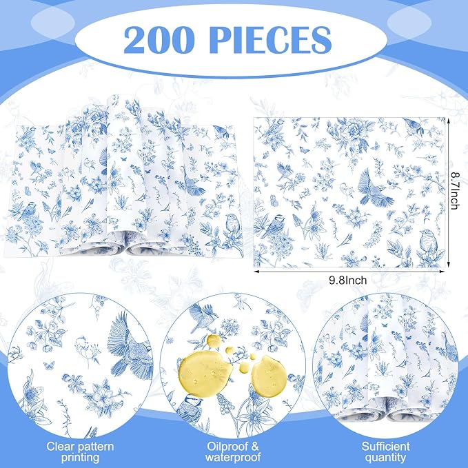 Feifeiya 200 Pcs Floral Wax Paper Sheet for Food Chinoiserie Bird Deli Paper Waterproof Sandwich Wrapping Greaseproof Food Basket Liners for Picnic Party Kitchen Supply, 9.8 x 8.7inch (Floral,Blue)