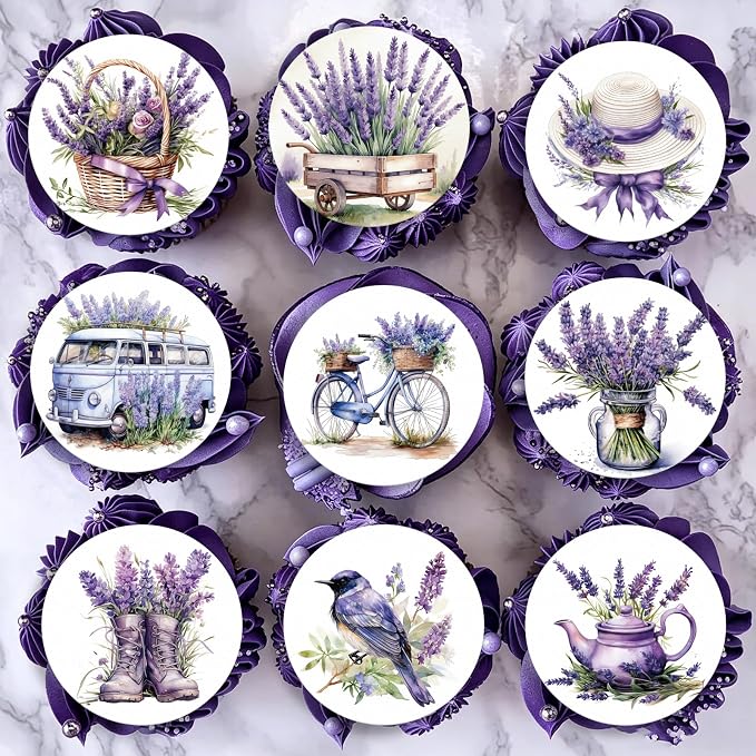 36PCS Edible Lavender Floral Cupcake Toppers Wafer Paper Purple Flowers Cake Picks Edible Lavender Bouquet Cupcake Toppers for Wedding Birthday Theme Floral Cake Decor Supplies