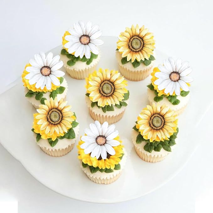 60 PCS Edible Sunflower Cupcake Toppers Edible Flowers Cake Decorations Wafer Paper Sunflower Party Decorations for Baby Shower Birthday Party Cake Toppers Food Decorations Supplies Yellow White