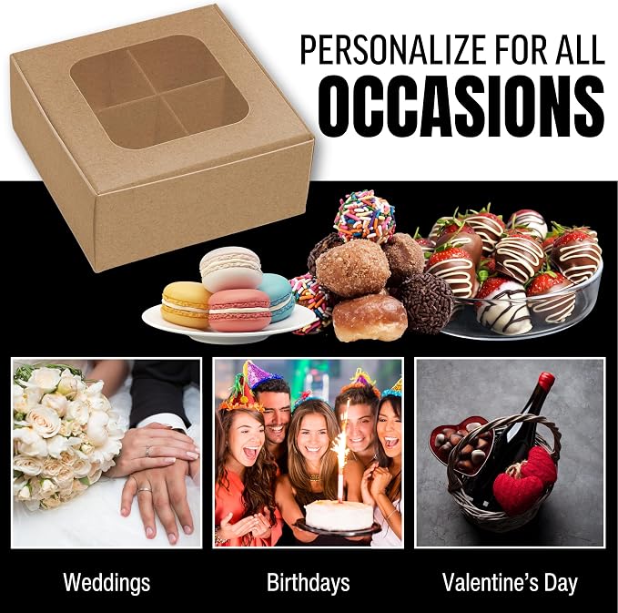 100 pcs Kraft Mini Truffle Box for 4 Treats with Window and Dividers, Bakery Boxes, 3.5 x 3.5 x 1.57 Inches VERY SMALL Baking Boxes for 4 Treats, Square Truffles Box for Gift Giving