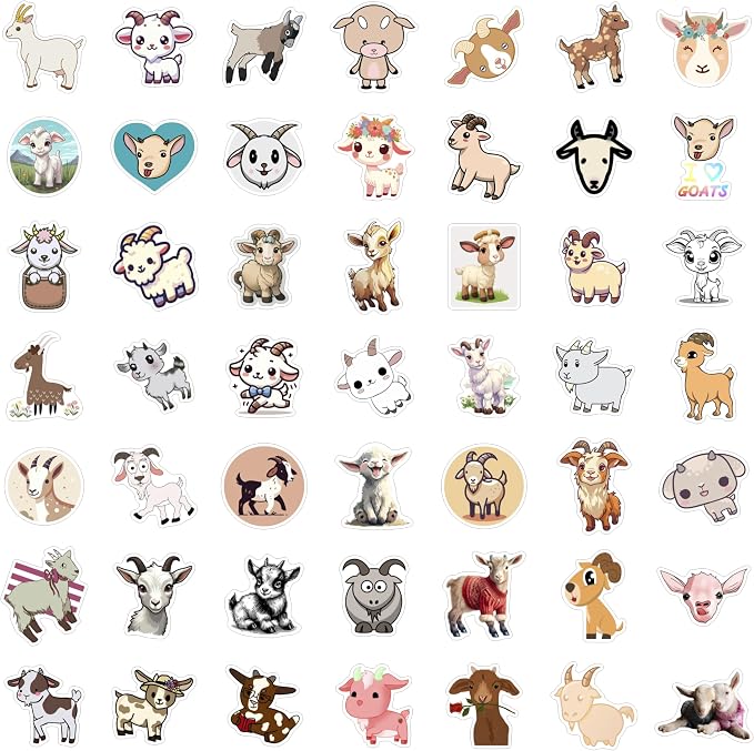 100Pcs Cute Goat Stickers for Water Bottle and Laptop - Goat Party Supplies & Decorations, Farm Animal Stickers, Waterproof Vinyl Decals, Gifts for Women & Men