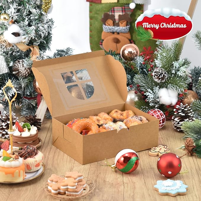COTOPHER 18Pcs Christmas Cookie Boxes with Window, 9x6x3 inch Brown Bakery Boxes for Gift Giving, Kraft Treat Boxes Dessert Boxes for Cakes Donuts Chocolate Strawberries Pastries Muffins