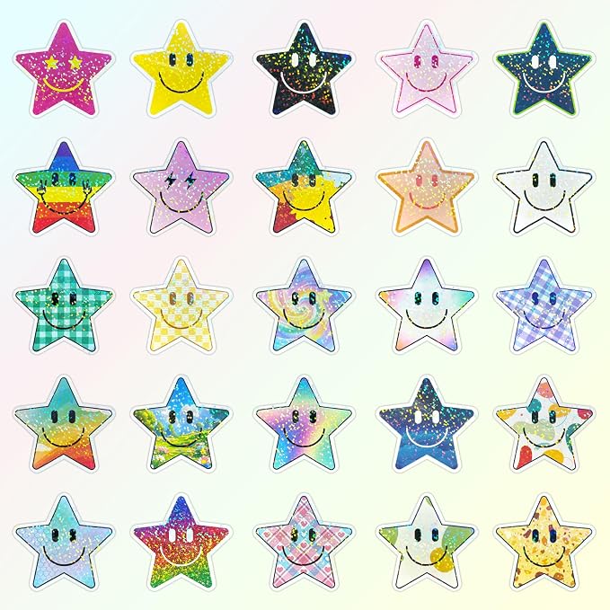 50PCS Smile Star Stickers, Glitter Stickers | Cute Water Bottle Stickers for Kids, Teaching Rewards, Notebooks, Stationery, Luggage, Cartoon PVC Smile Face Stickers