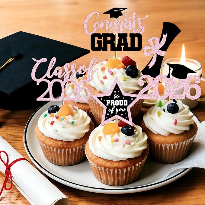 48 PCS Grad Cupcake Toppers, 6 Styles Graduation Cake Topper, Congrats Glittery Graduation Decorations 2026, Black and Pink Cap and Diploma Cake Picks for Grad Party Supplies