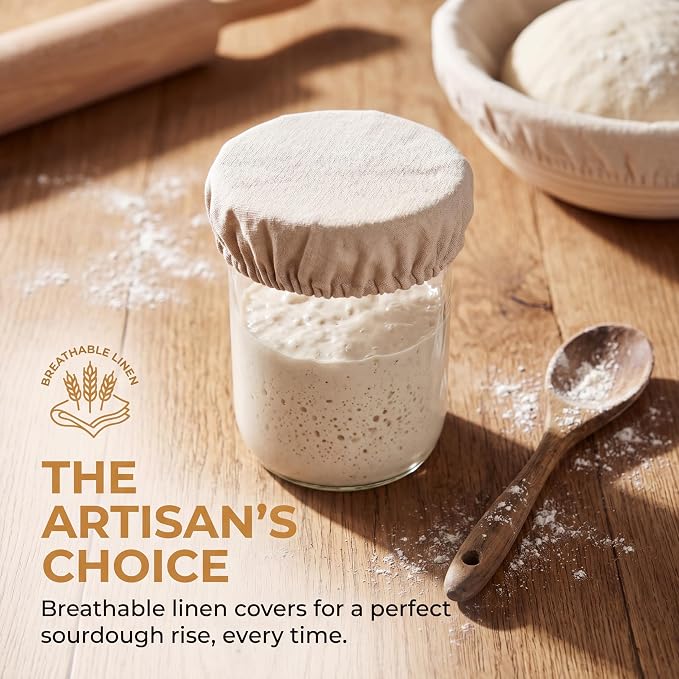 6 Pack Sourdough Starter Jar Covers - Reusable Unbleached Linen Cloth Covers for 3-4 Inch Mason Jars, Breathable Fermentation Covers for Sourdough Bread Proofing
