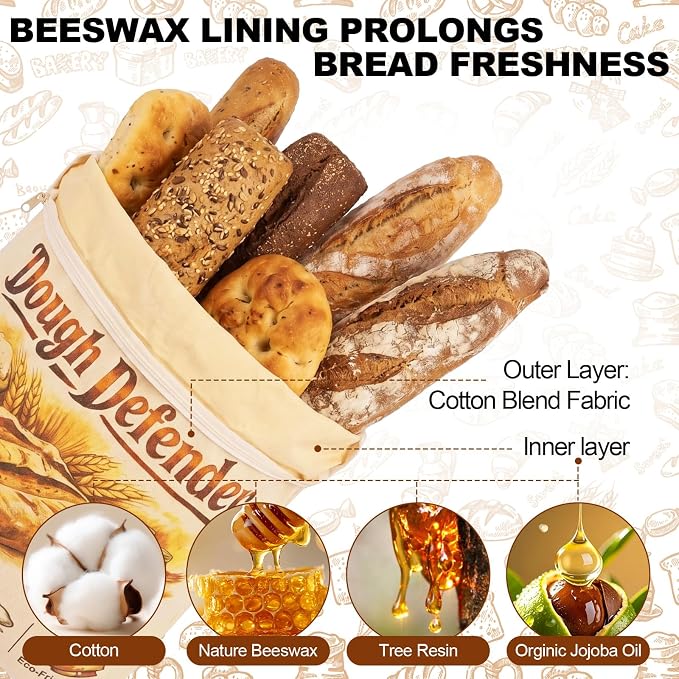 FunMular 2 Pack Reusable Beeswax Bread Bags for Homemade Bread Sourdough - XL Linen Cotton Bees Wax Bread Bags with Wide Sealing Zip to Keep Loaves Fresh Longer