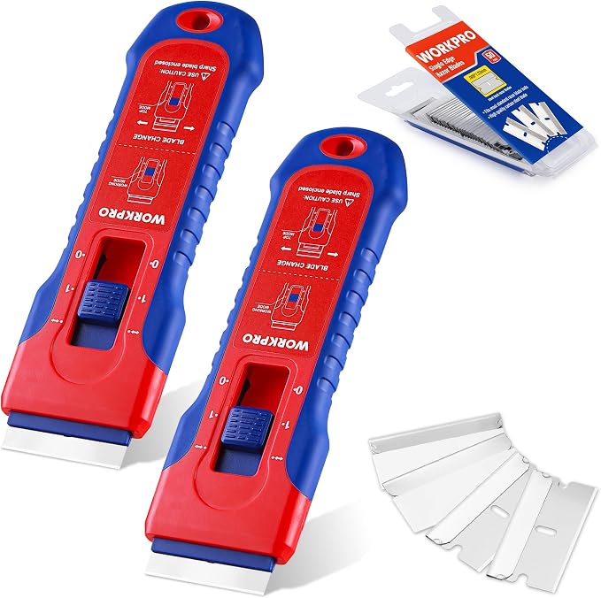 WORKPRO 2-Pack Retractable Razor Blade Scraper with 62 Blades, Built-in Storage Cleaning Scraper Tool for Paint Stickers Adhesive Glass Ceramic Wood
