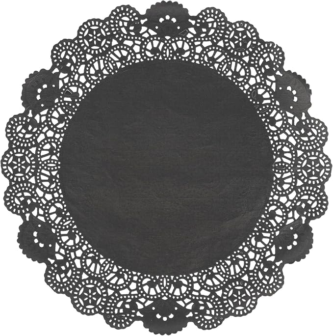 Restaurantware Pastry Tek 12 x 12 Inch Lace Doilies 100 Decorative Tableware Placemats - Disposable Round Black Paper Table Doilies For Birthdays Or Weddings Table Decor