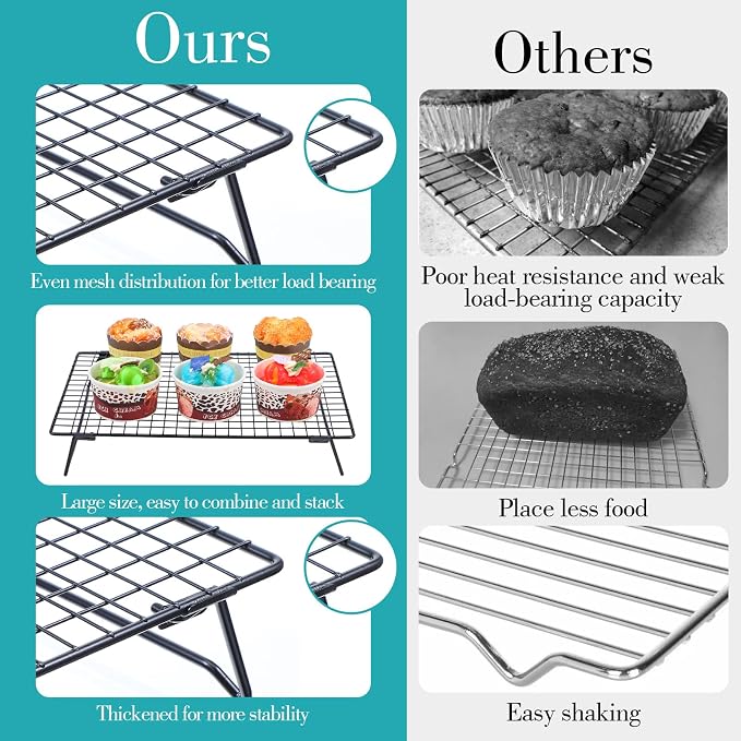 Kifmurase 2PCS Stackable Cooling Rack for Baking, 13.3 x 9.3 Inch Carbon Steel Wire Rack with Folding Legs for Cookie Cake Pizza Jerky, Multi-Use Bread Oven Racks for Cooking Roasting Drying Grilling