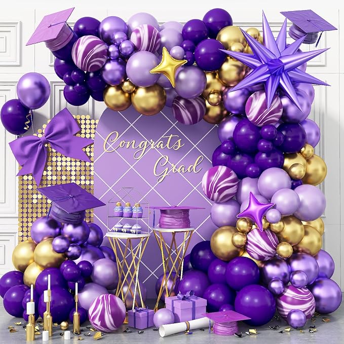 Purple and Gold Balloon Arch Kit Graduation Decorations 2026, 110Pcs Purple Balloon Garland with Explosion Foil Star Metallic Dark Violet Lavender Lilac Birthday Party Balloons for College School Prom