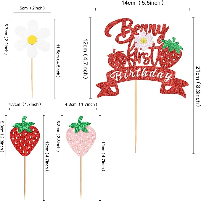 25Pcs Berry First Birthday Cake Topper Glitter Red Strawberry Cupcake Toppers White Flowers Cupcake Picks for Strawberry Baby Shower Boys Girls Birthday Party Cake Decorations