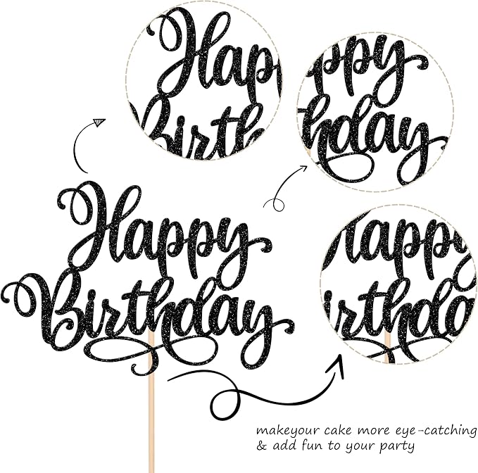 ZHUOWEISM 1 PCS Happy Birthday Cake Topper Glitter Happy Birthday Cake Pick Bunting Decor for Anniversary Celebrating Happy Birthday Party Cake Decorations Supplies Black