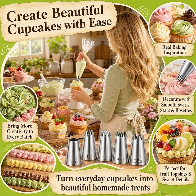 Suuker Large Piping Tips Set, Stainless Steel | 5 Pieces, 1A 1E 1C 9FT 356