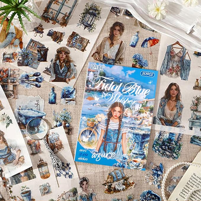 Tidal Blue Whisper Sticker Scrapbooking Supplies for Junk Journal, 20 Sheets PET Stickers - Vintage Journaling Stickers