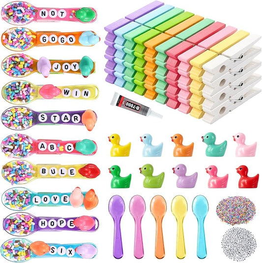 Geelin Cheer Pins Kit with 80 Pcs Spirit Clips, 800 Letter Beads, 30 Ducks, 80 Spoons, Glue, Decoration for Cheerleaders, Volleyball Team Gifts Bulk Stuff DIY Charms Macaron Colors