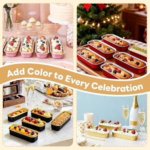 YQER 120 Pack Mix Color Mini Cake Pans with Lids and Spoons, 6.8 oz Disposable Aluminum Foil Mini Loaf Pans Cake Tins Bulk Set with Stickers for Baking, Bake Sales, Parties and Dessert Prep
