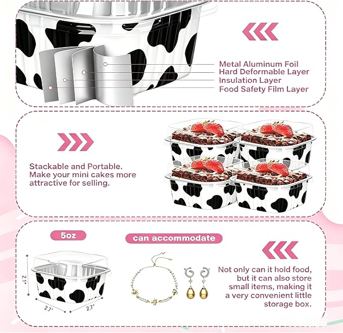 100Pack 5oz Cow Mini Cake Pans with Lids Baking Cups Aluminum Foil Pans Tins, Individual Dessert Cups Containers for Sales,Party,Picnics