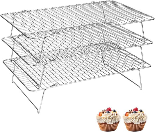 Pleafind 3 Pieces Stackable Cooling Rack - 16 x 10 Inch Wire Rack, 0.43" Dense-Grid Cooling Racks for Cooking, Baking, Roasting, Grilling, Oven and Dishwasher Safe, Silver