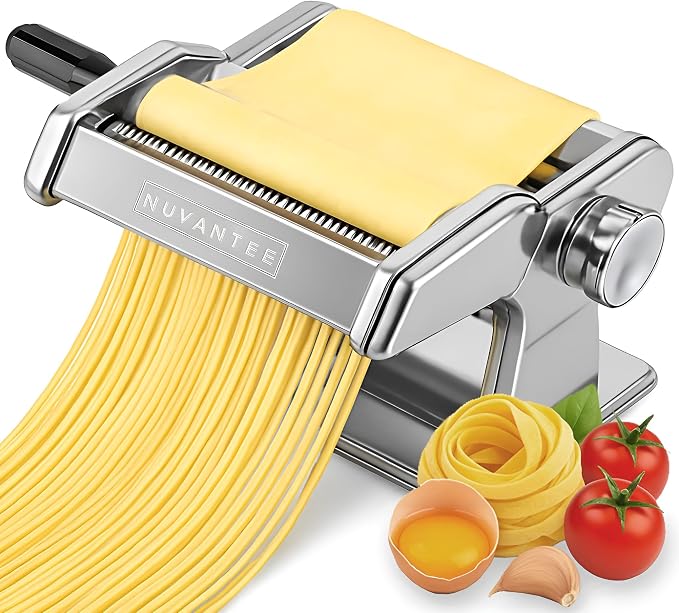 Nuvantee Pasta Maker with Adjustable Thickness Settings - 3 in 1 Noodle Maker with Rollers & 2 Width Cutters for Fresh Spaghetti, Fettuccini, Lasagna, Dumplings & More