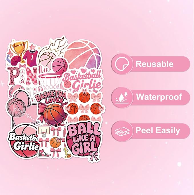 50 Pcs Pink Basketball Stickers for Scrapbooking, Waterproof Vinyl Girl Sport Stickers for Laptops Water Bottles Journals, Cute Bow Ball Decals for Kids Teens Girls