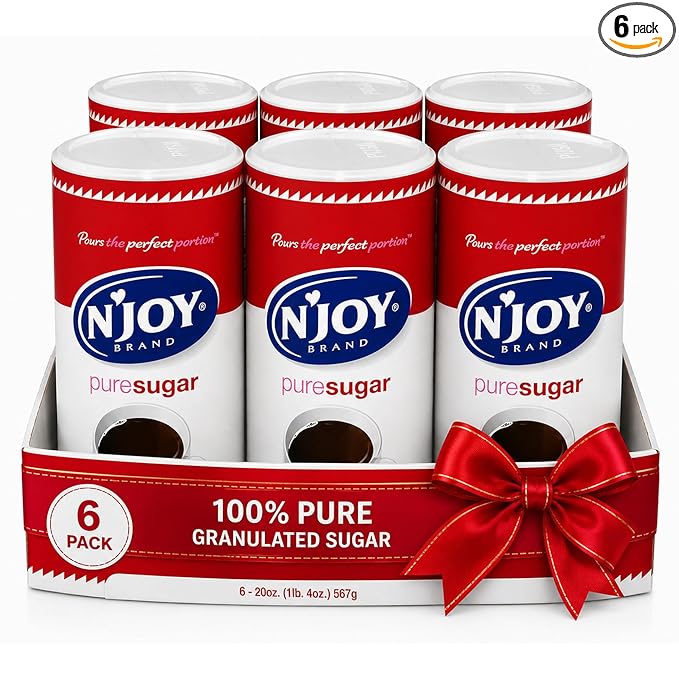 N'Joy Pure Sugar, Pack of 6 Canisters w/ EZ-Open Pour Spout (20 oz each) - Smooth Granulated Sugar for Coffee Bars, Cafes, Restaurants and Canister for Office - Shelf Stable & No Refrigeration Needed