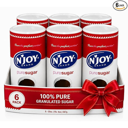 N'Joy Pure Sugar, Pack of 6 Canisters w/ EZ-Open Pour Spout (20 oz each) - Smooth Granulated Sugar for Coffee Bars, Cafes, Restaurants and Canister for Office - Shelf Stable & No Refrigeration Needed