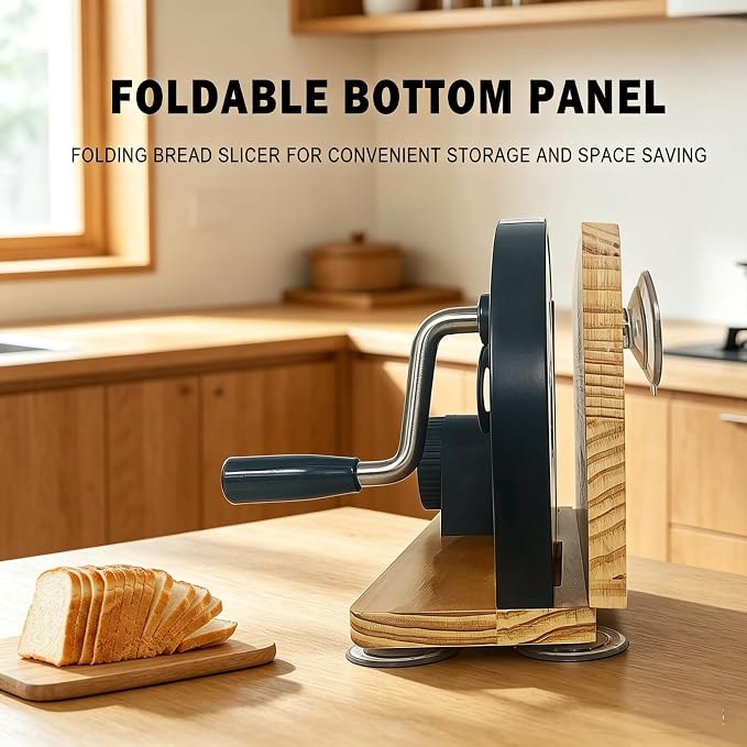 Manual Bread Slicer Adjustable Thickness with Foldable Solid Wood Base, Sourdough Bread Slicer for Homemade Bread, Hand Crank Sandwich Bread Cutter with Big Suction