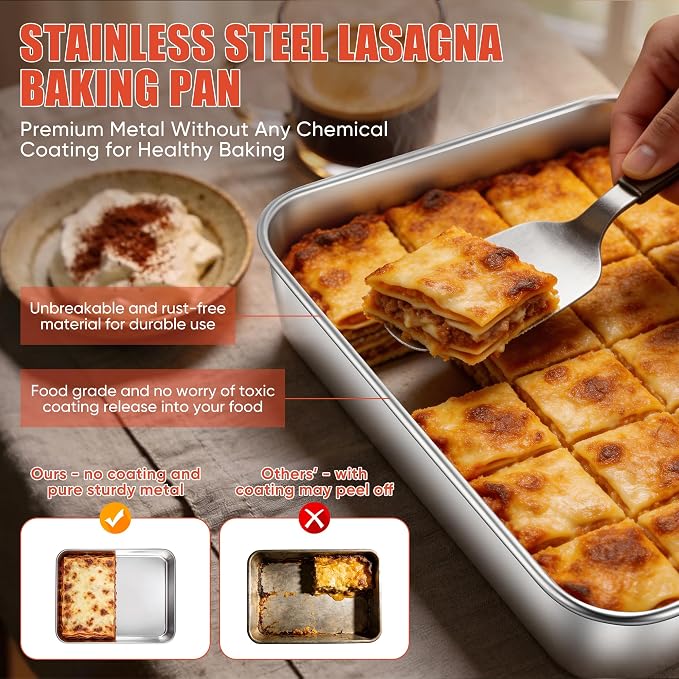E-far Lasagna Pan, Stainless Steel Rectangular Baking Pan, 10.3x8x2” Small Sheet Cake Pan Metal Bakeware Toaster Oven Tray for Brownie Casserole, Deep Side & Heavy Duty, Anti-Rust & Dishwasher Safe