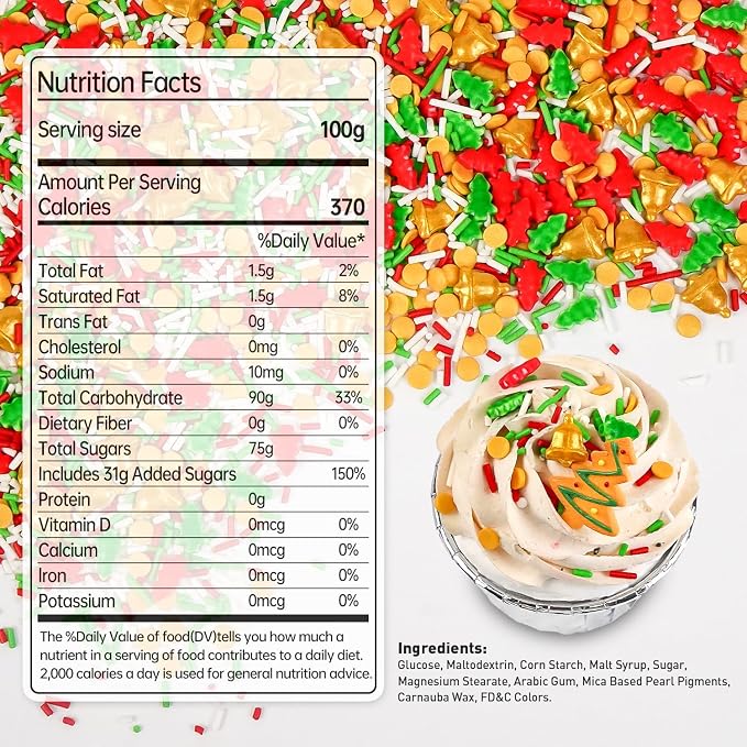 Edible Jimmies Sprinkles for Cake Decorating, 150g/5.29oz, Green & Red Tree Sprinkles, Gold Bell Yellow Nonpareils & White Sugar Mix, Cookies Cupcake Decorations, Baking Party Birthday Supplies