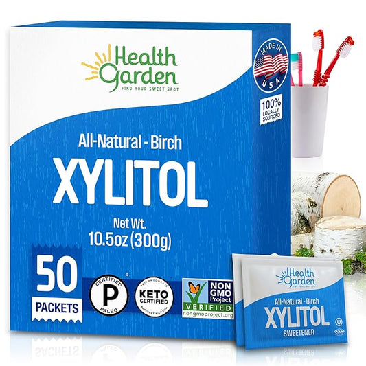Health Garden Birch Xylitol Sweetener, 50 Packets – 100% Birch-Derived Xylitol Sugar Substitute for Baking & Coffee, 1:1 Sugar Replacement, Supports Teeth, Keto, Vegan, Non-GMO