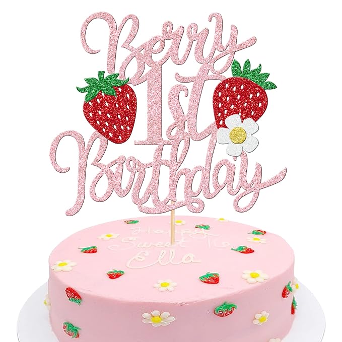 1 PCS Berry 1st Birthday Cake Topper Glitter Sweet Fruit Theme Flower First Birthday Strawberry One Cake Pick for Strawberry Theme Baby Shower 1st Birthday Party Cake Decorations Supplies Pink