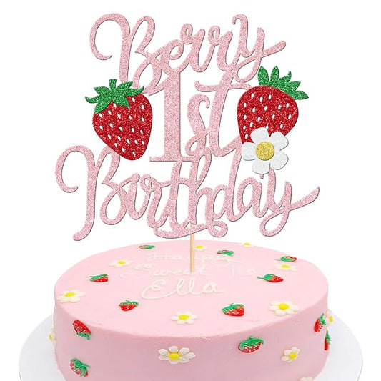 1 PCS Berry 1st Birthday Cake Topper Glitter Sweet Fruit Theme Flower First Birthday Strawberry One Cake Pick for Strawberry Theme Baby Shower 1st Birthday Party Cake Decorations Supplies Pink