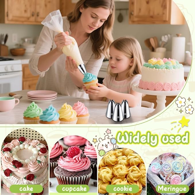 Hendiy 3pcs 2D Cake Piping Tips with 20 Piping Bags | Large Piping Nozzles, Cookie Icing, Cupcakes, Buttercream, DIY Art