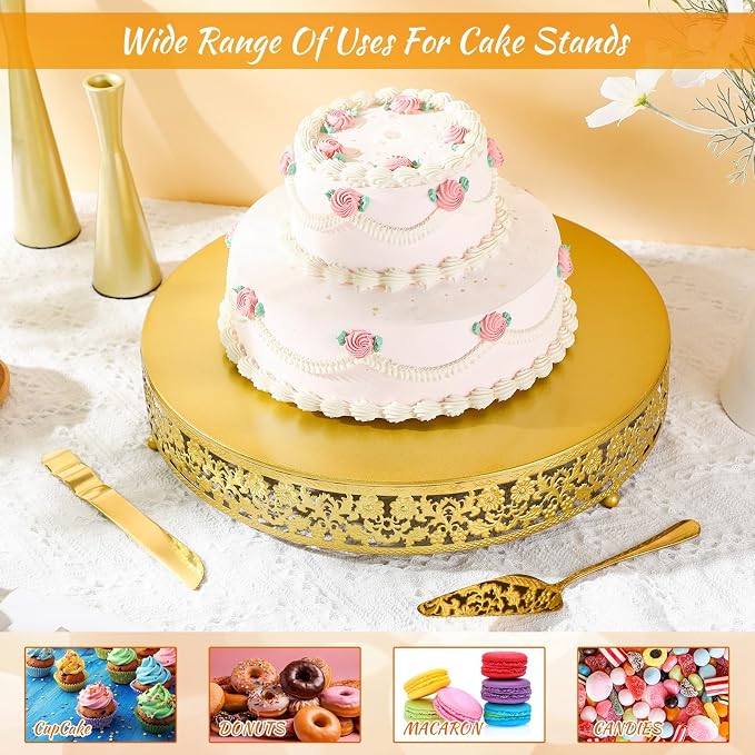 Wenqik 16 Inch Gold Cake Stand Set Metal Round Cupcake Dessert Stand with Cake Cutting, Flower Spatula Wedding Cupcake Pastry Display Candy Holder Display for Wedding Party Birthday Baby Shower