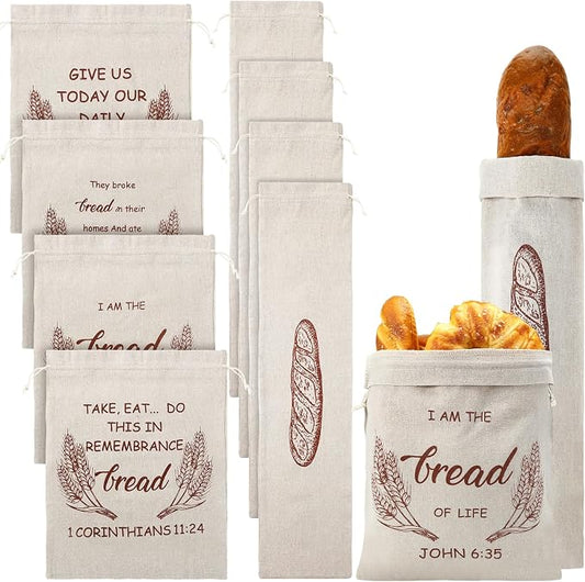 Woanger 8 Pcs Linen Bread Bags, Reusable Sourdough Bread Storage Bags with Drawstring, 12 x 15 Inch 6 x 27 Inch Burlap for Homemade Artisan Breads, Keeps Breads Fresh Longer, Gift(Scripture Pattern)