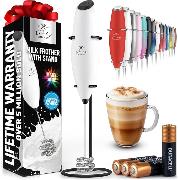 Zulay Kitchen Powerful Milk Frother Wand With Duracell Batteries - Ultra Fast Handheld Drink Mixer - Electric Whisk Foam Maker for Coffee, Lattes, Cappuccino & Matcha - Triple Whisk - Black