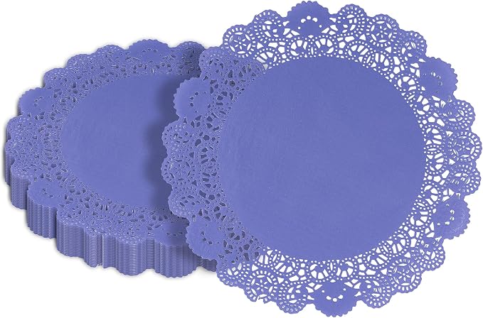 Pastry Tek 12 x 12 Inch Paper Lace Doilies, 100 Disposable Table Doilies - Elegant Lace Finish, Long Lasting, Purple Paper Doily, for Pastries, Cupcakes, Desserts - Restaurantware