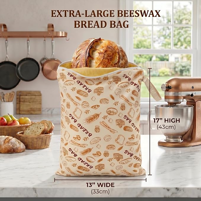 Premium XL Beeswax Bread Bags for Sourdough (17"x13", 2 Pack) - Premium Reusable Organic Linen Storage, Keep Fresh for Homemade Bread, Freezer Safe, L-Shape Wide Zipper for Easy Loading