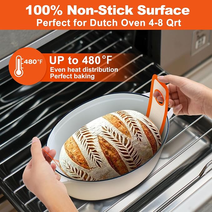 Silicone Bread Sling Oval and Round - Non-Stick & Easy Clean Reusable Oval Bread Baking Mat for dutch oven. With Long Handles Sourdough Bread Baking mat tools supplier Liner (Orange)