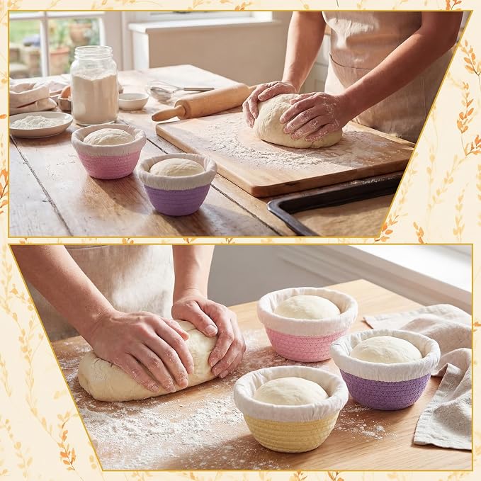 4 Pcs Round Banneton Bread Proofing Basket Set Cotton Rope Sourdough Bread Banneton Basket with Liners Covers for Baking Supplies(5 Inch)