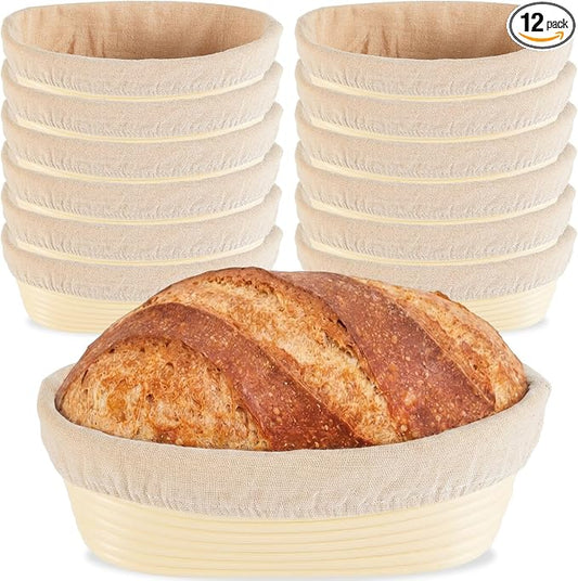 12 Pack Banneton Bread Proofing Basket 10 Inch Oval Rattan Banneton Baskets with Linen Liner Cloth Sourdough Basket Dough Proofing Basket for Professional & Home Sourdough Bread Baking