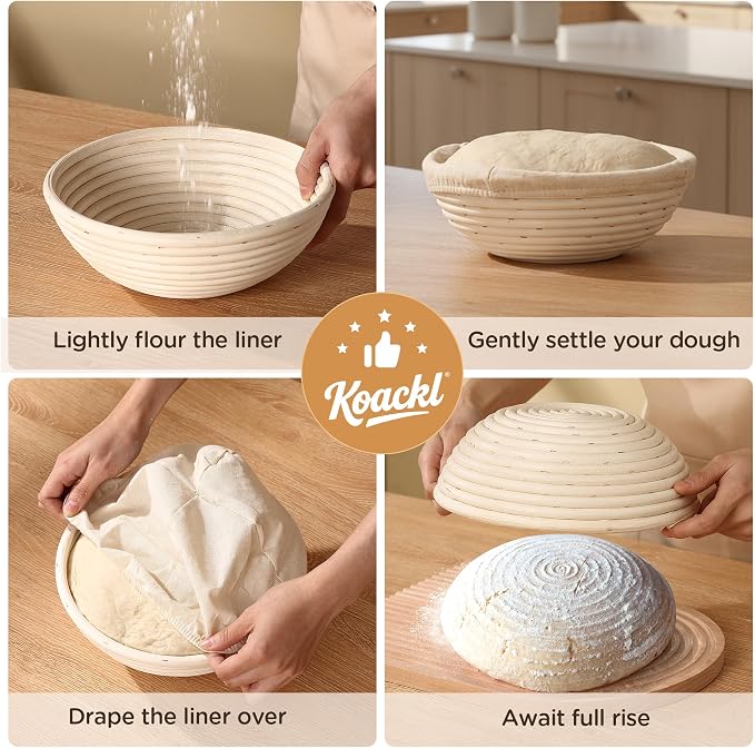 Koackl Bread Proofing Cover - 4 Pack Basket Linen Cloths & 2 Jar Covers, Reusable Cotton Bread Proofing Liners for Sourdough Baking, 10" Compatible with Round/Oval Banneton Baskets
