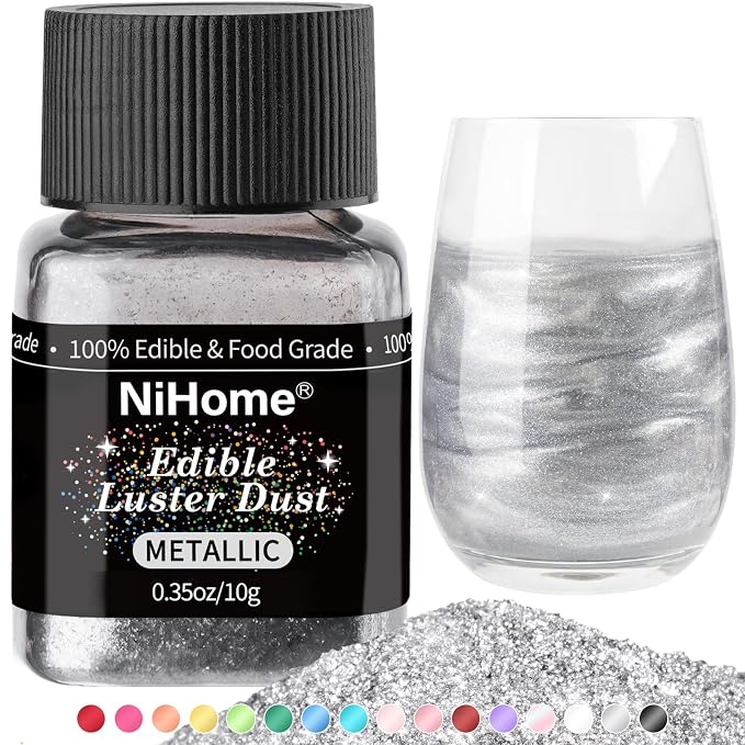 NiHome Edible Food-Grade Glitter Powder Glimmer Luster Dust Metallic Fancy Food Decorating Sprinkle Glimmery Dust for Drink Wine Beverage Cake Bakery Vegan Allergen-Free (Metallic, 0.35oz/10g)