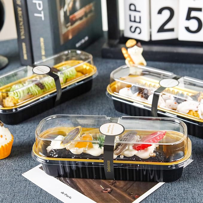 Loaf Pans with Lids, 50 Pack Black Gold 6.8oz for Dessert Tables | Suitable for mini breads, tart portions, dips and sweets; add the cover only after contents cool.